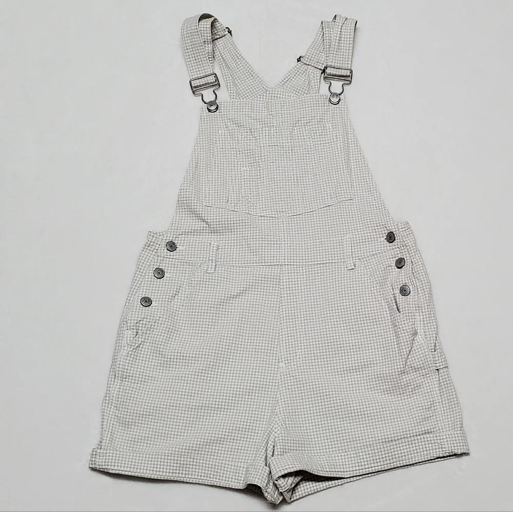 VINTAGE No Boundaries Seafaom Green Checked Side Button Shorts Overalls Romper